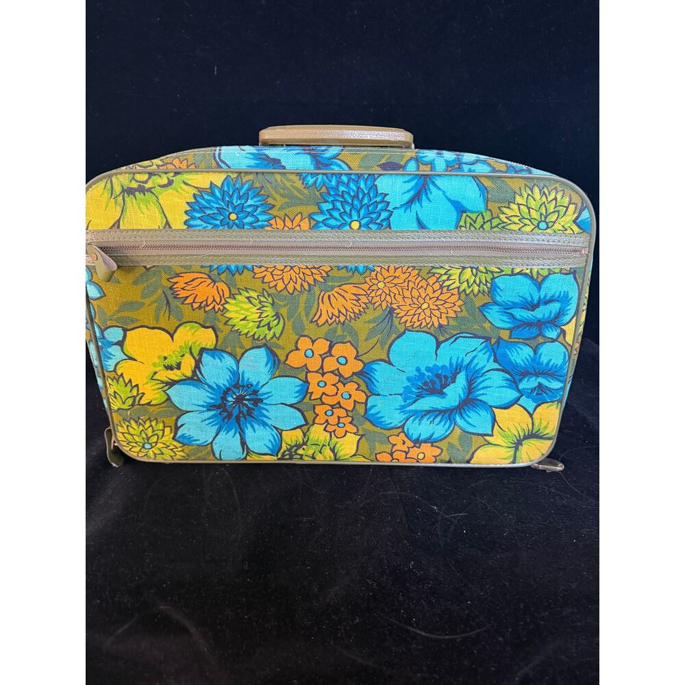 Vintage 1970s Floral Train Case Blue Yellow Mod Cosmetic Travel Bag Retro Boho